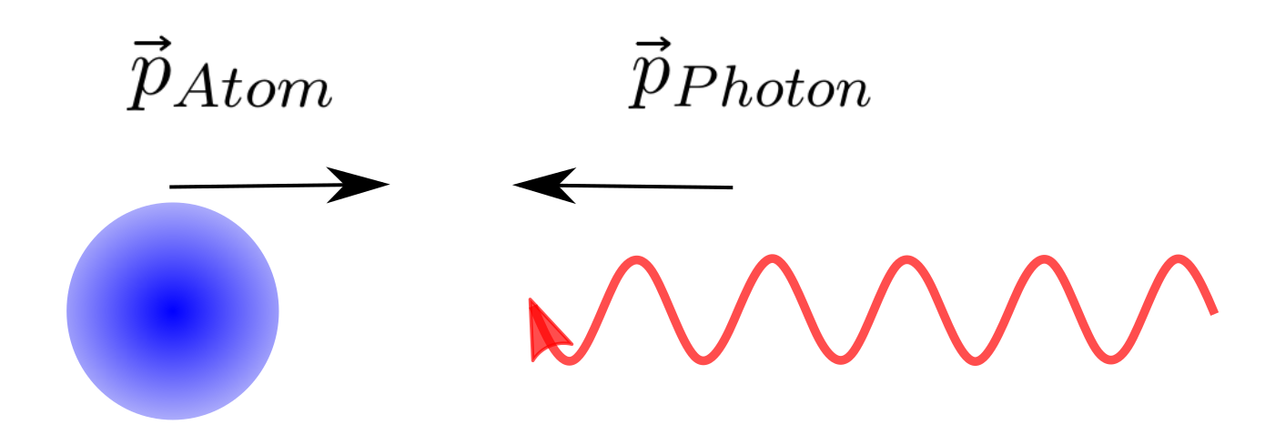 Schematische Darstellung der Laserkühlung. Durch Absorption von entgegenkommenden Photonen wird ein Atom abgebremst.